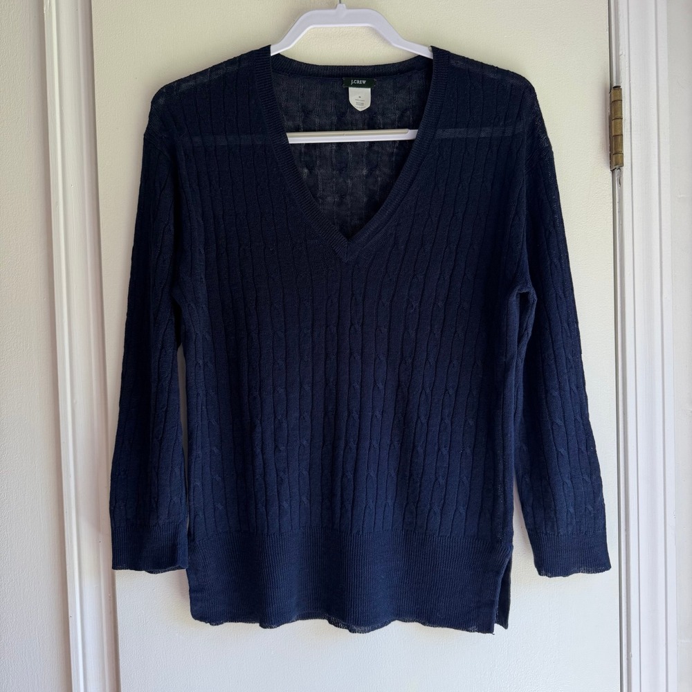 J.Crew Navy Blue 100% Linen Cable Knit V-Neck Sweater 71618 Mens M